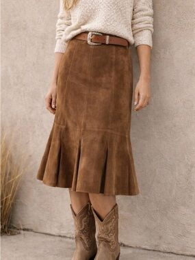 Vintage Brown Suede Leather Skirt Womens 14P Midi Flare Western Boho